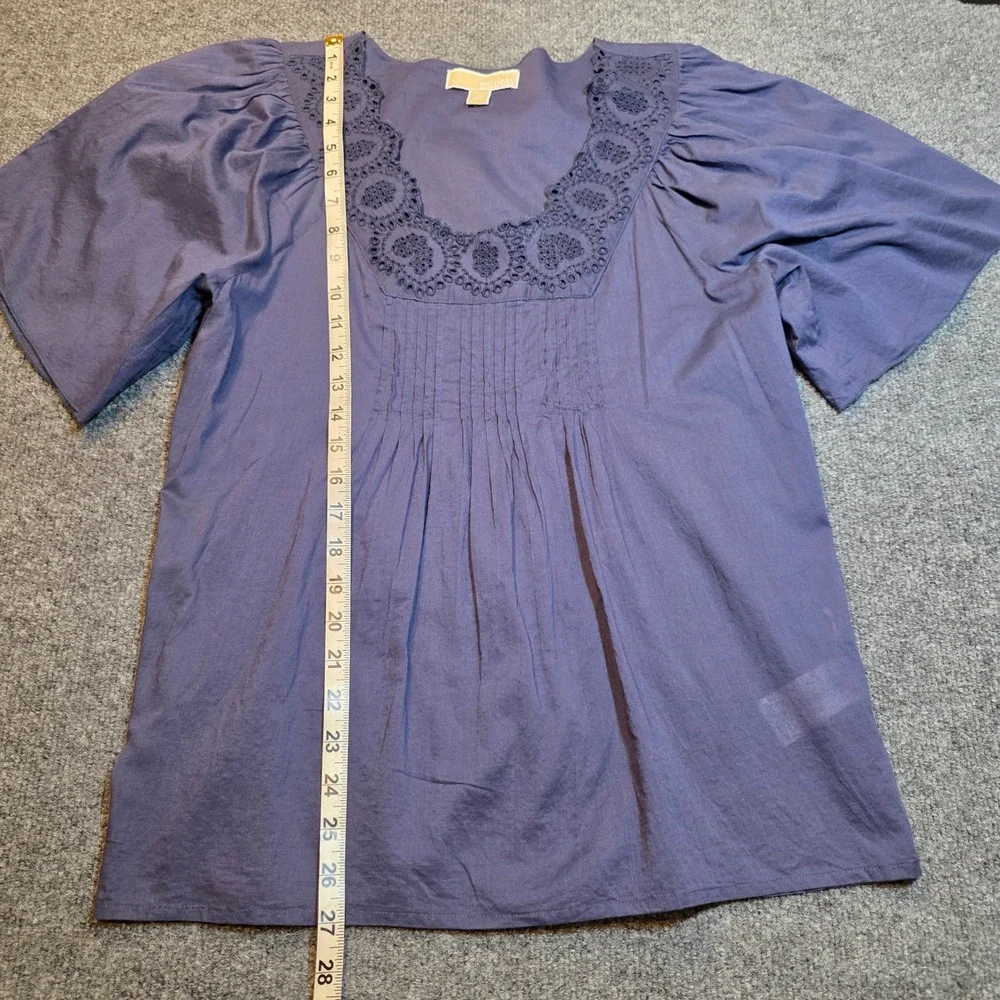 Michael Kors Womens M Navy Blue Cotton Eyelet Lace Trim Pintuck Pleated Boho Top